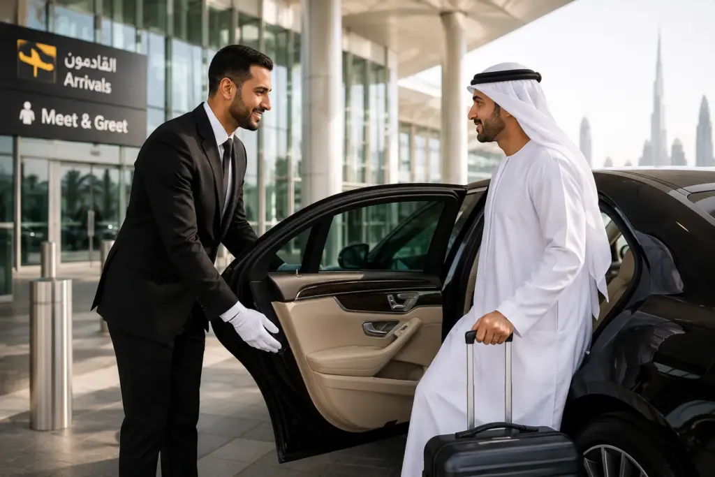 Professional chauffeur welcoming a passenger at Dubai Airport beside a luxury Mercedes-Benz for a private airport transfer.