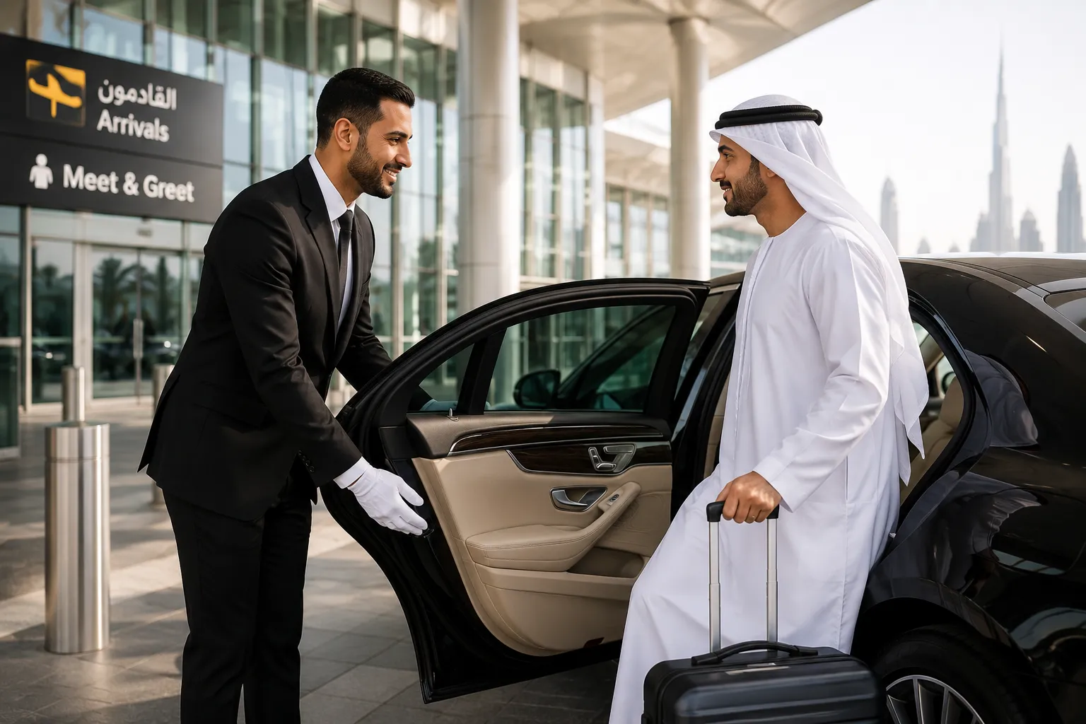 Professional chauffeur welcoming a passenger at Dubai Airport beside a luxury Mercedes-Benz for a private airport transfer.