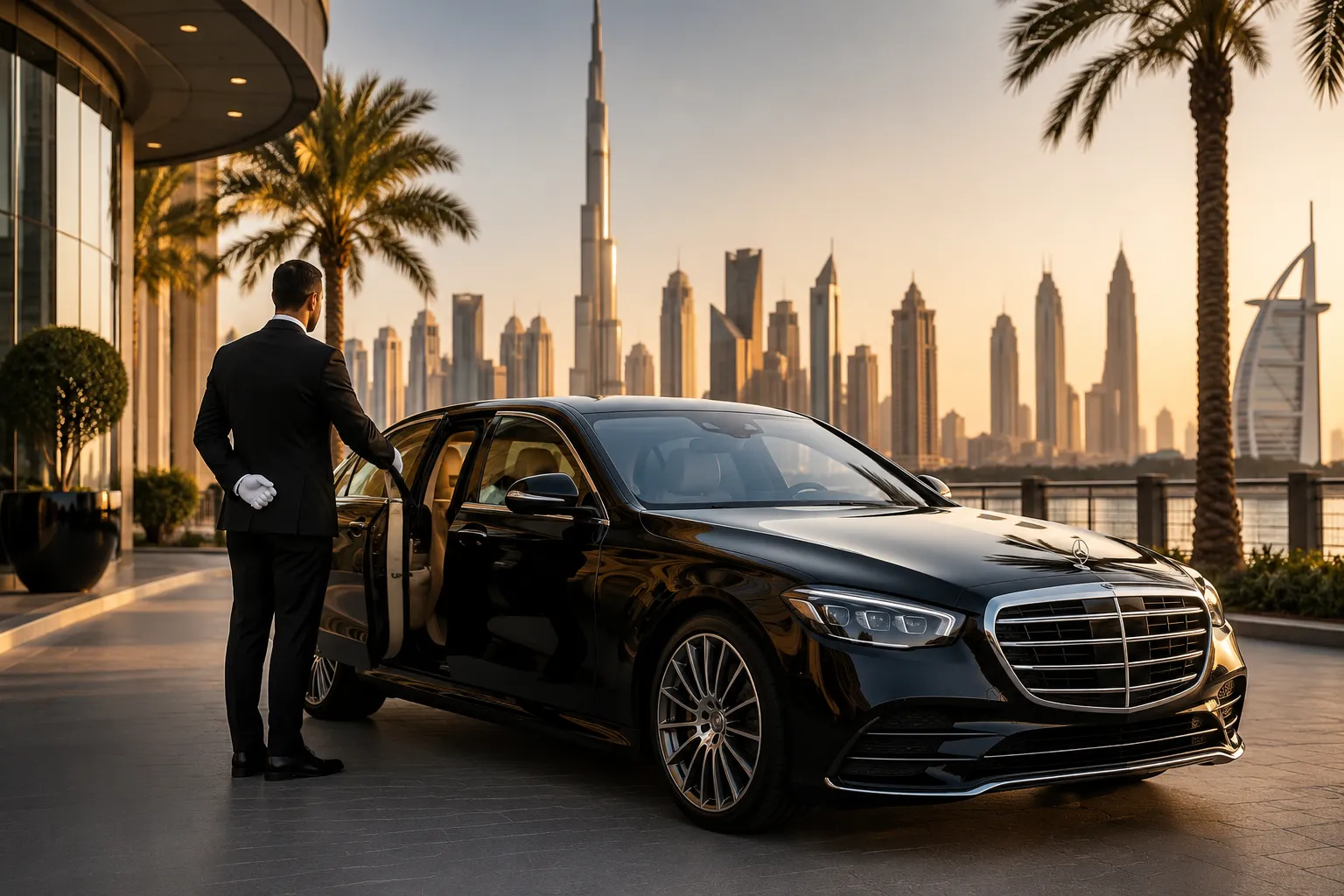 Professional luxury chauffeur beside a premium Mercedes-Benz S-Class in Dubai during a private chauffeur service