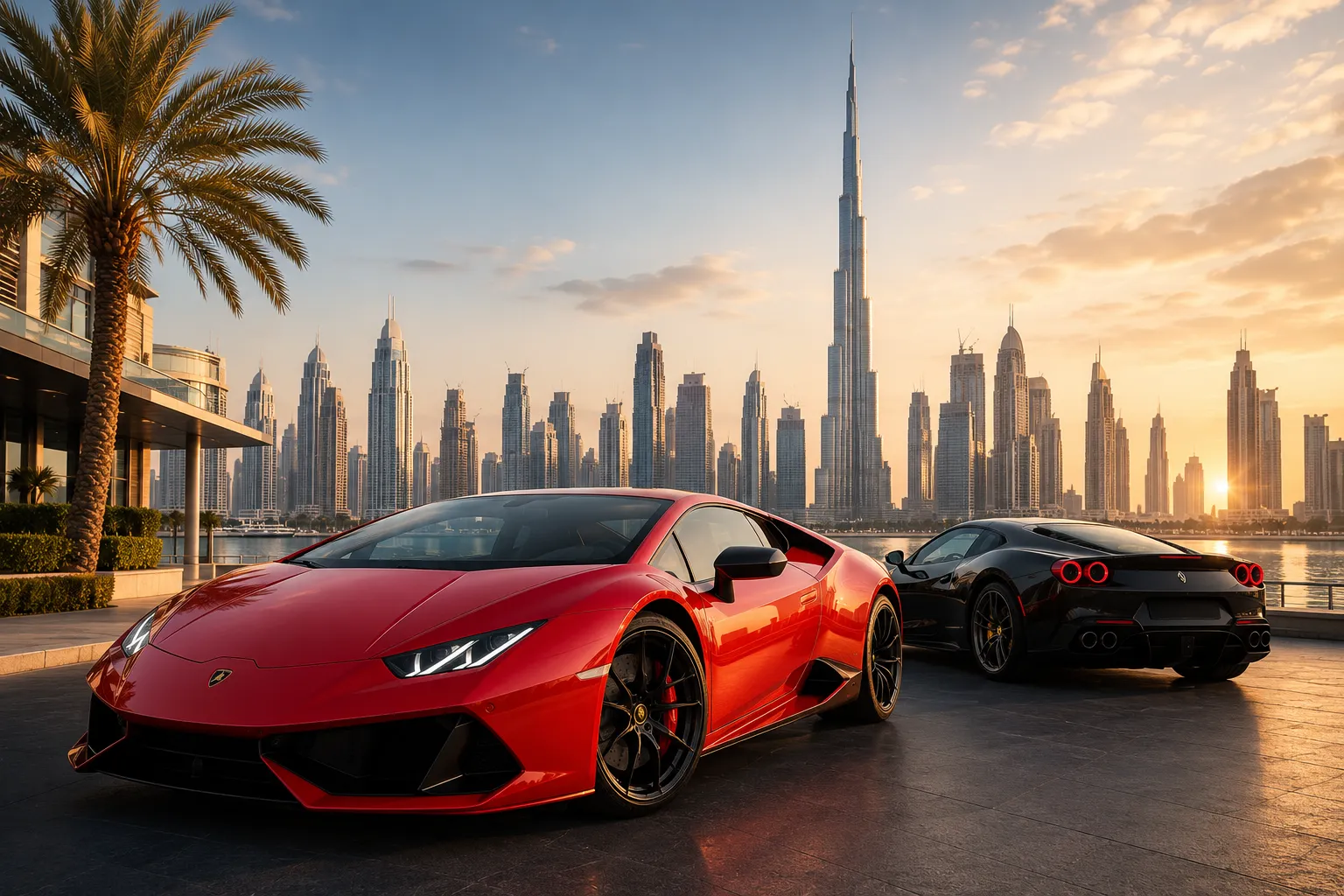 Luxury supercars parked in front of the Dubai skyline, illustrating the decision between renting and buying a supercar in Dubai in 2026.
