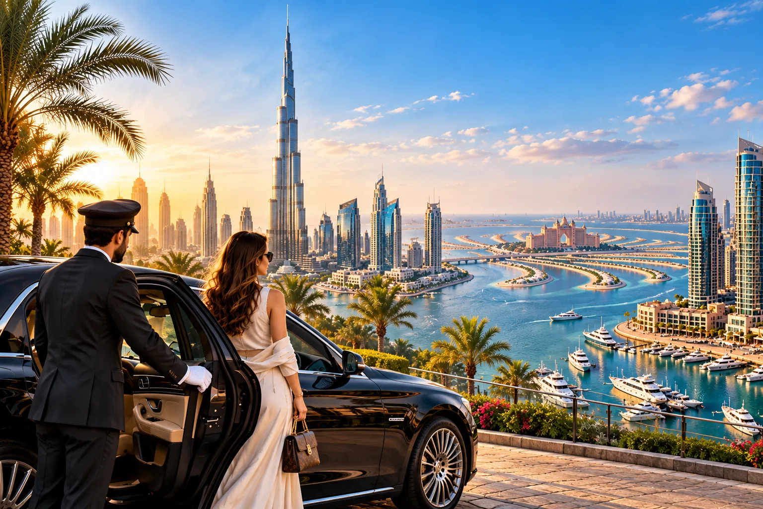 Luxury chauffeur opening a black sedan for a guest with Burj Khalifa, Palm Jumeirah and Dubai Marina skyline during a Dubai winter itinerary.